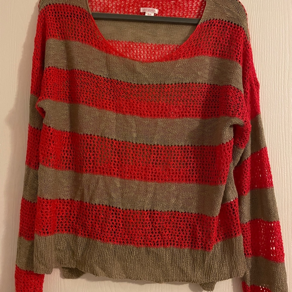 Xhilaration Red and Olive Striped Open Knit Scoop Neck Sweater